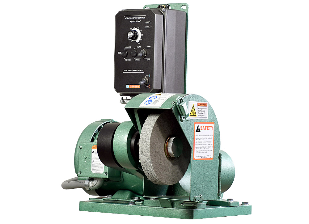 61110 model 600 polishing lathe / buffer / deburring machine with deburring wheel and DS6 dust scoop.

120 volt variable speed 3/4 HP motor.

Shown from the right hand side.